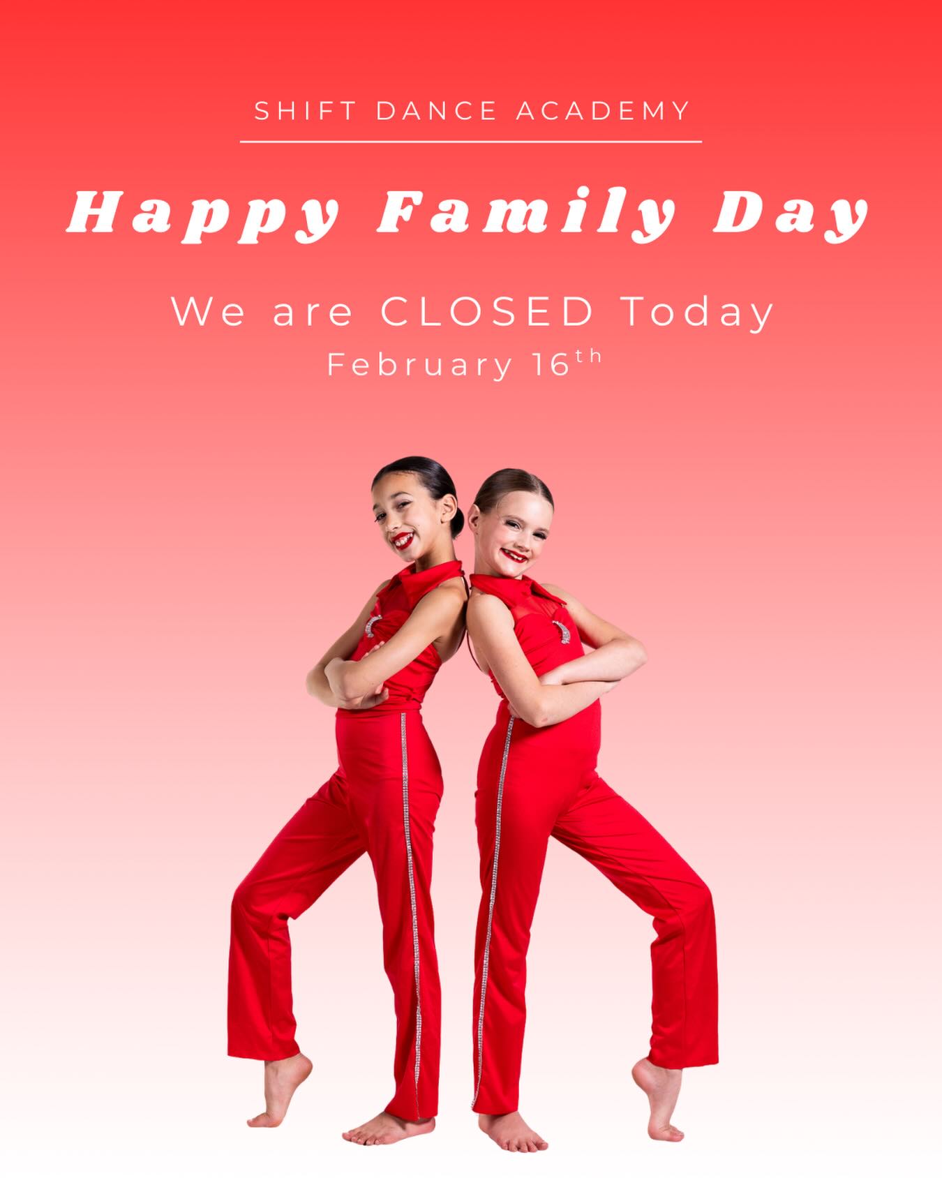 Happy Family Day! ♥️

We are so grateful for our dance family! We hope you find the time to enjoy the long weekend with your families and loved ones! 

We are closed Feb 16th. Classes will resume as usual on Tuesday, Feb 17th!