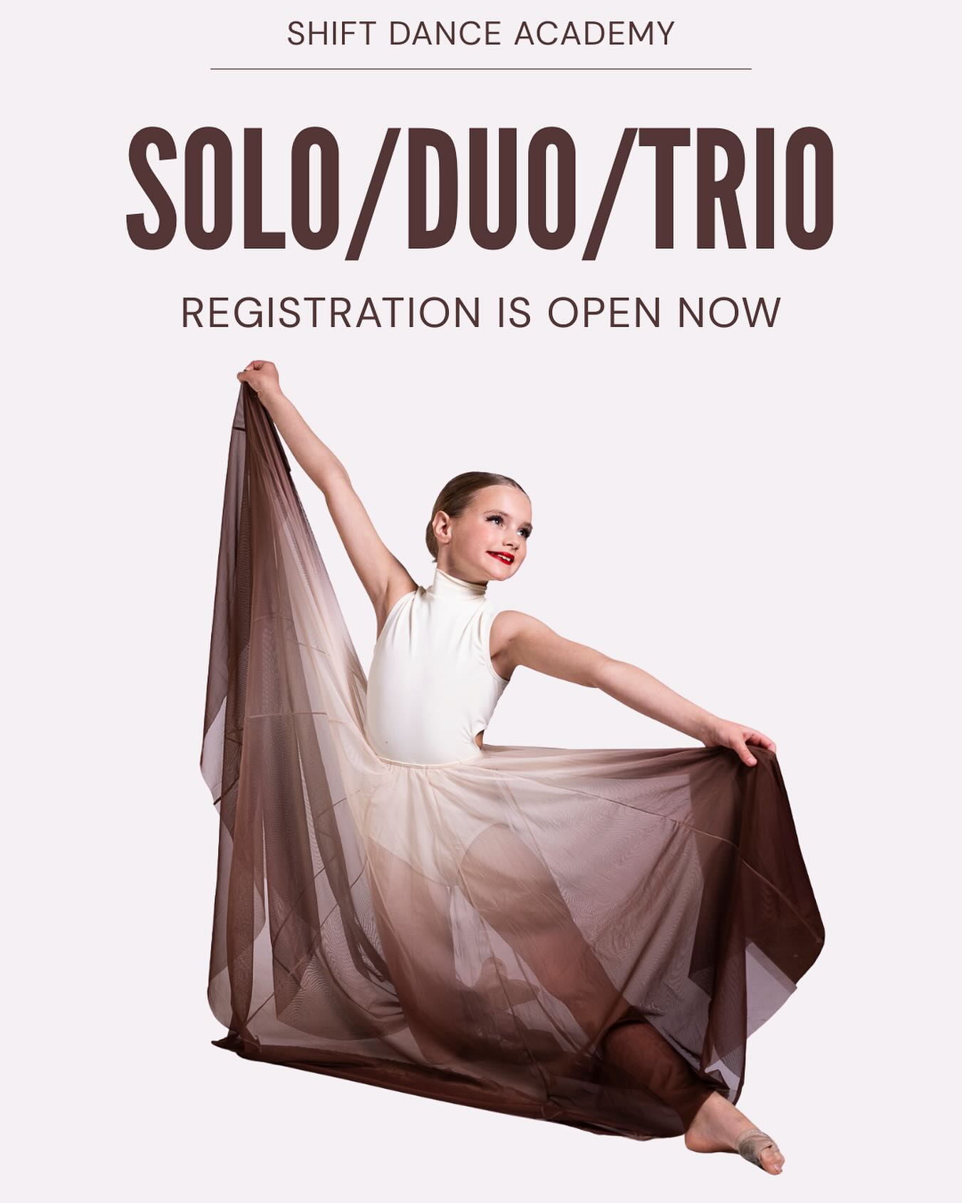 Interested in a Solo/Duo/Trio??? 

Registration is open now!! Deadline to submit your form is October 15th. 

To get a registration form please email us at info@shiftdance.ca 🤍