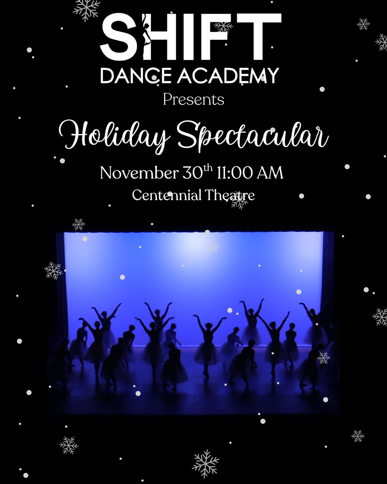 We are excited to present our annual Holiday Spectacular! 

Join us Sunday, November 30th 11:00AM @ Centennial Theatre! 

❗️Mark Your Calendars❗️Tickets go on sale this Friday, November 7th at 12pm NOON, directly through the Centennial Theatre box office. 

We can’t wait to get into the holiday spirit with everyone 🎄