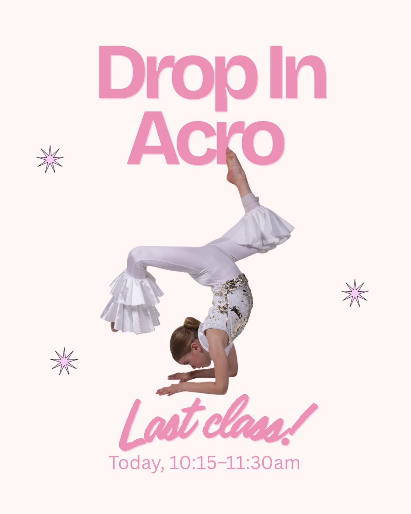 Join us for our last Saturday Drop In Acro class! 

Drop In Acro will be on pause after today. 🤸‍♀️

We’re hoping to bring it back soon, so stay tuned and keep an eye out for updates!