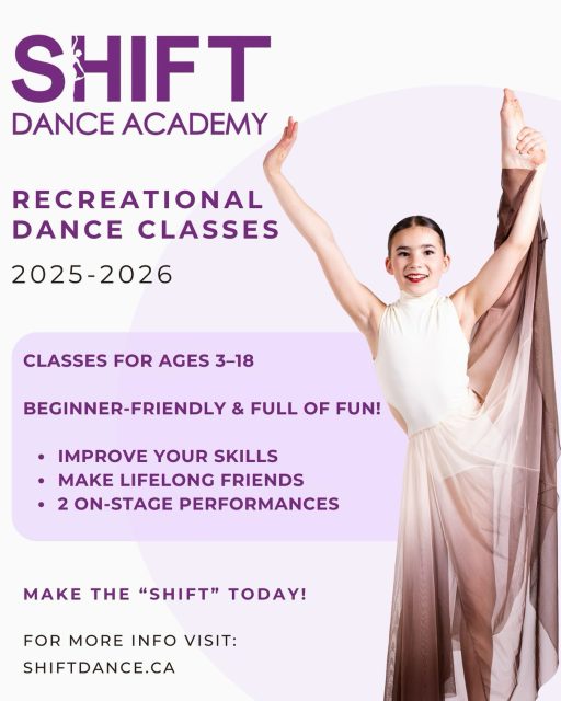 Looking for the perfect after-school activity?

Join the fun at Shift Dance Academy! 💃🕺

Classes for ages 3–18 in a variety of styles — from first dance steps to the big stage! 🌟

🚨 Spots are filling fast — claim yours today at shiftdance.ca