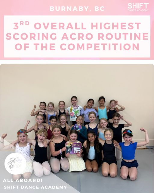 Our Pre-Competitive Acro dancers earned the 3rd Highest Scoring Acro Routine of the Entire Competition!! 🚂

Congratulations to all our Pre-Competitive and Full Competitive dancers who competed at Shine Dance Festival Burnaby last weekend! 

Extra shout out to all our incredible teachers who received Choreography Awards and for all the hard work and passion they put in every single day! ✨