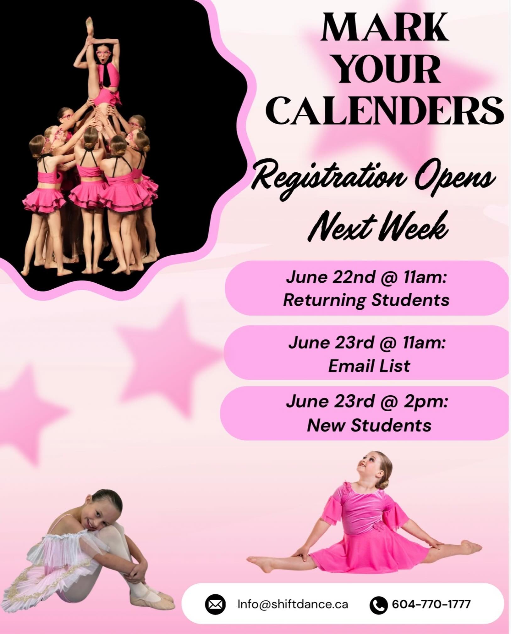 SAVE THE DATE registration opens next week! 

Returning Students and Email List, check your emails tomorrow! More information to come ✨ 

We can’t wait to dance with you for our 2026/2027 season!!
