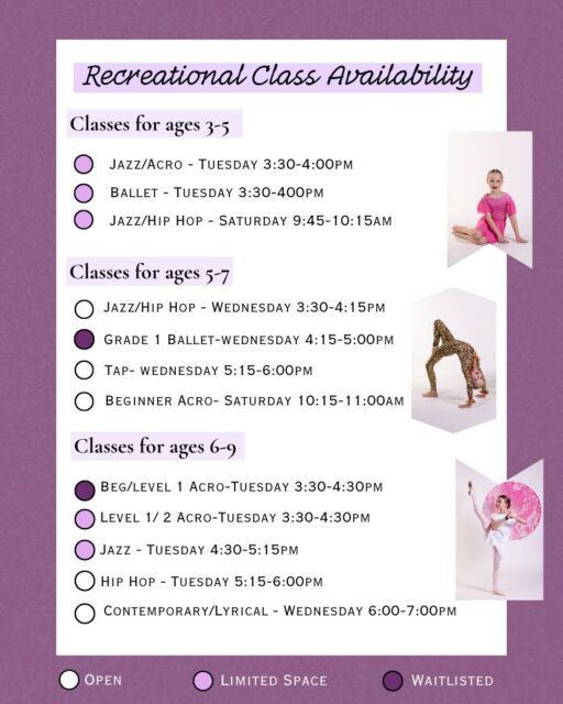 Fall is just around the corner! If you’ve been thinking about dancing with us this season, now is the perfect time to secure your spot!

Check out our current recreational class availability 🪩
If you have questions about which class is the best fit for your dancer, let us know!

📞604.770.1777
📧info@shiftdance.ca

We can’t wait to dance with you for our 2026/2027 season! 

#shiftdance #dance #northvancouver