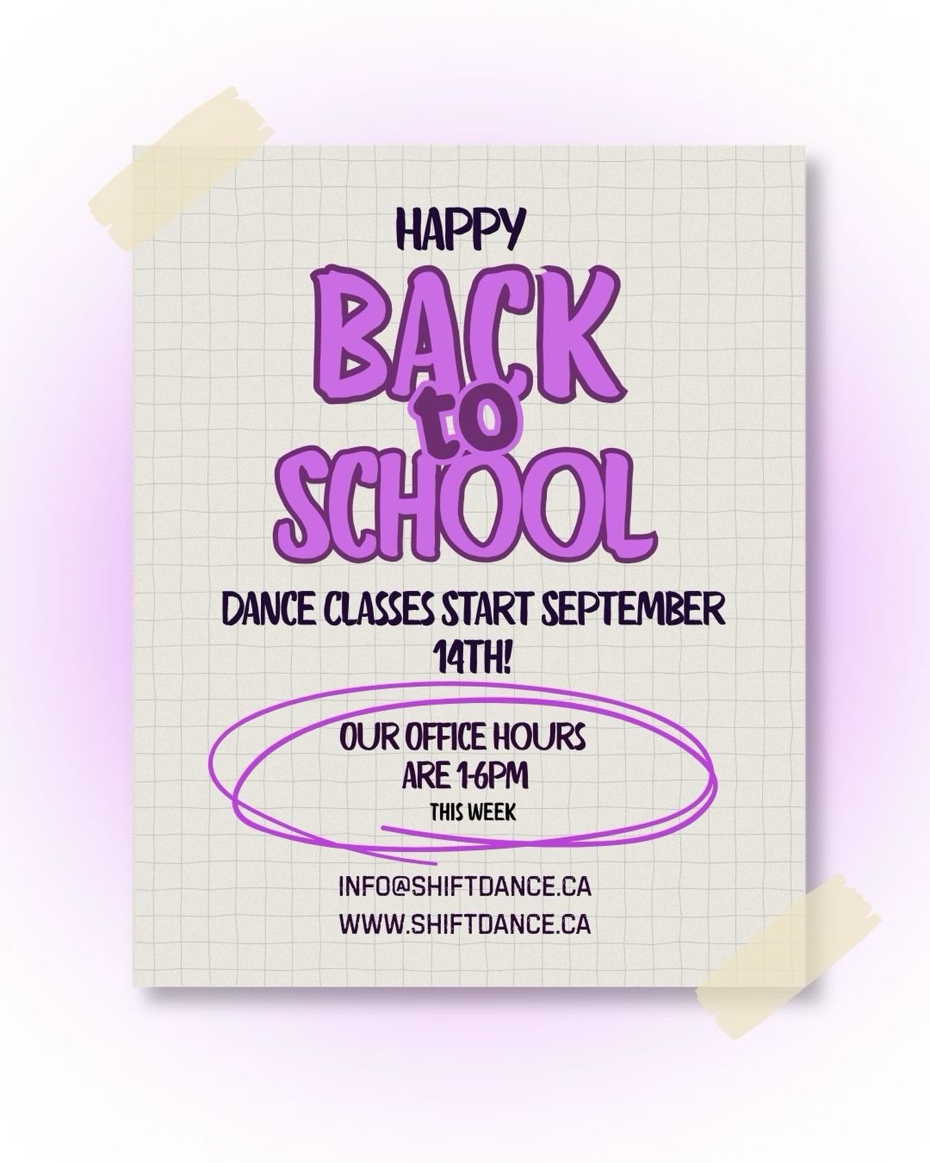 Happy Back to School! 🍎🧑‍🏫📓

Just a friendly reminder that classes start NEXT WEEK Monday September 14th 

The office is open for registration this week Tuesday-Friday 1-6pm!

We look forward to dancing with you all next week! 🩷🩰⭐️